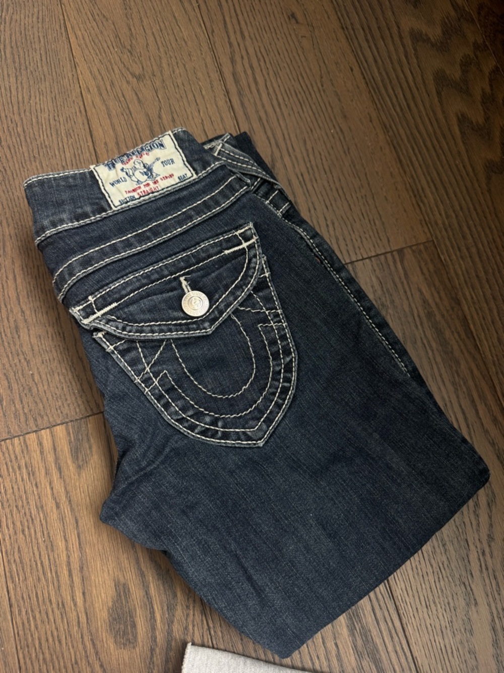 True Religion Dark Blue Boot Cut Jeans with Contrast Stitching